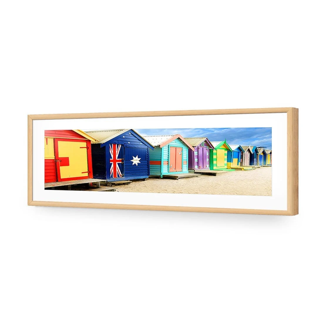 Brighton Beach Boxes (Long) Brighton Beach Boxes (Long) -WALL ART DESGIN SALE brighton beach boxes long acrylic glass with border oak frame 90x30cm 457461