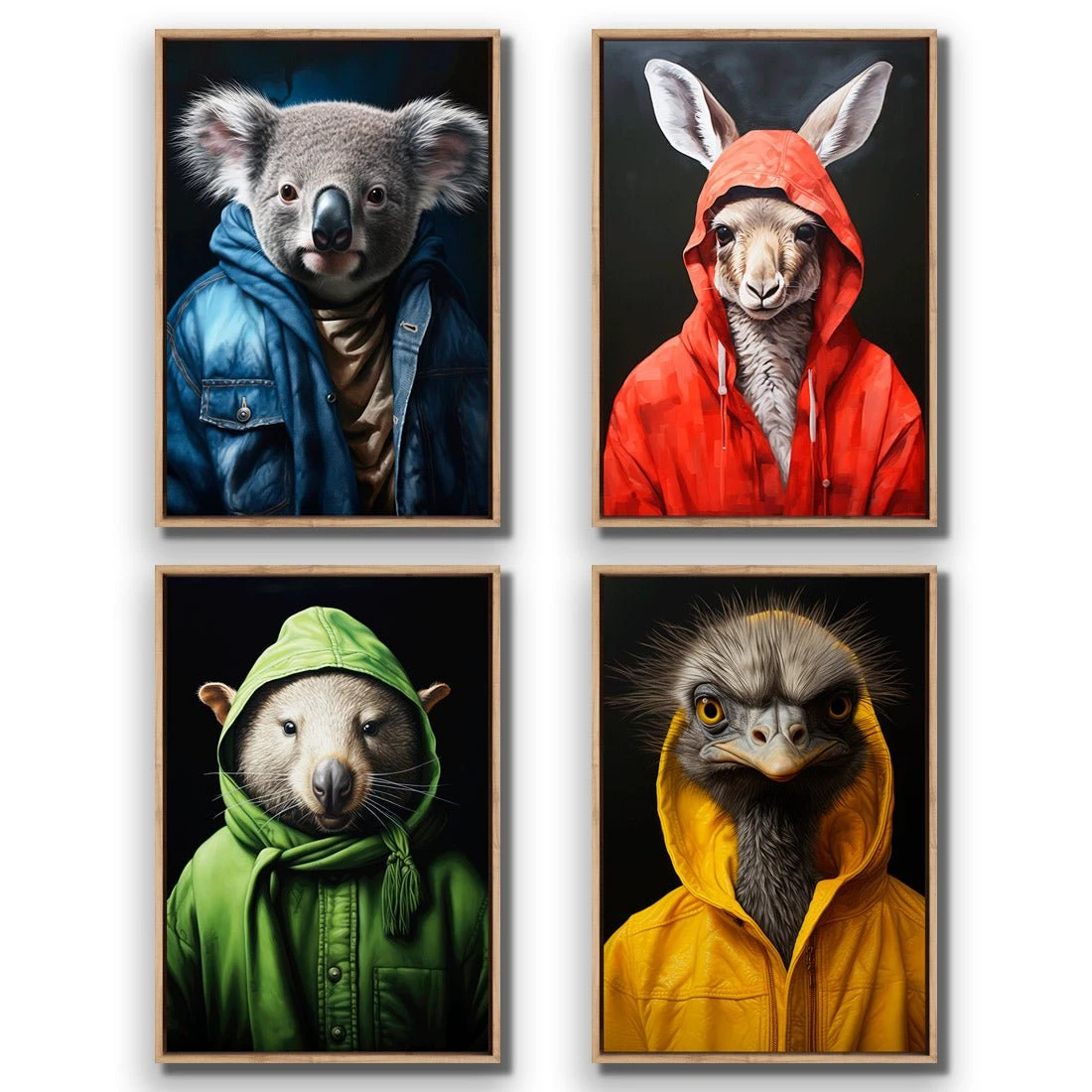 Cool Aussie Animals - Art Set of Four Cool Aussie Animals - Art Set Of Four -WALL ART DESGIN SALE cool aussie animals art set of four canvas oak floating frame 45x30cm 838638