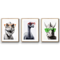 Dino Portrait Trio Art Set -WALL ART DESGIN SALE dino portrait trio art set acrylic glass with border oak frame 45x30cm 542756