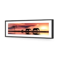 Family Of Elephants At Sunset, Long Acrylic Print Art 4 Family Of Elephants At Sunset, Long Acrylic Print Art -WALL ART DESGIN SALE family of elephants at sunset long acrylic glass art with border black frame 60x20cm 638447