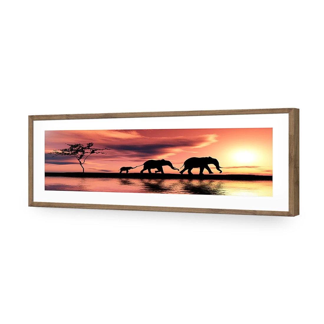 Family of Elephants at Sunset, Long Acrylic Print Art Family Of Elephants At Sunset, Long Acrylic Print Art -WALL ART DESGIN SALE family of elephants at sunset long acrylic glass art with border natural frame 60x20cm 582049
