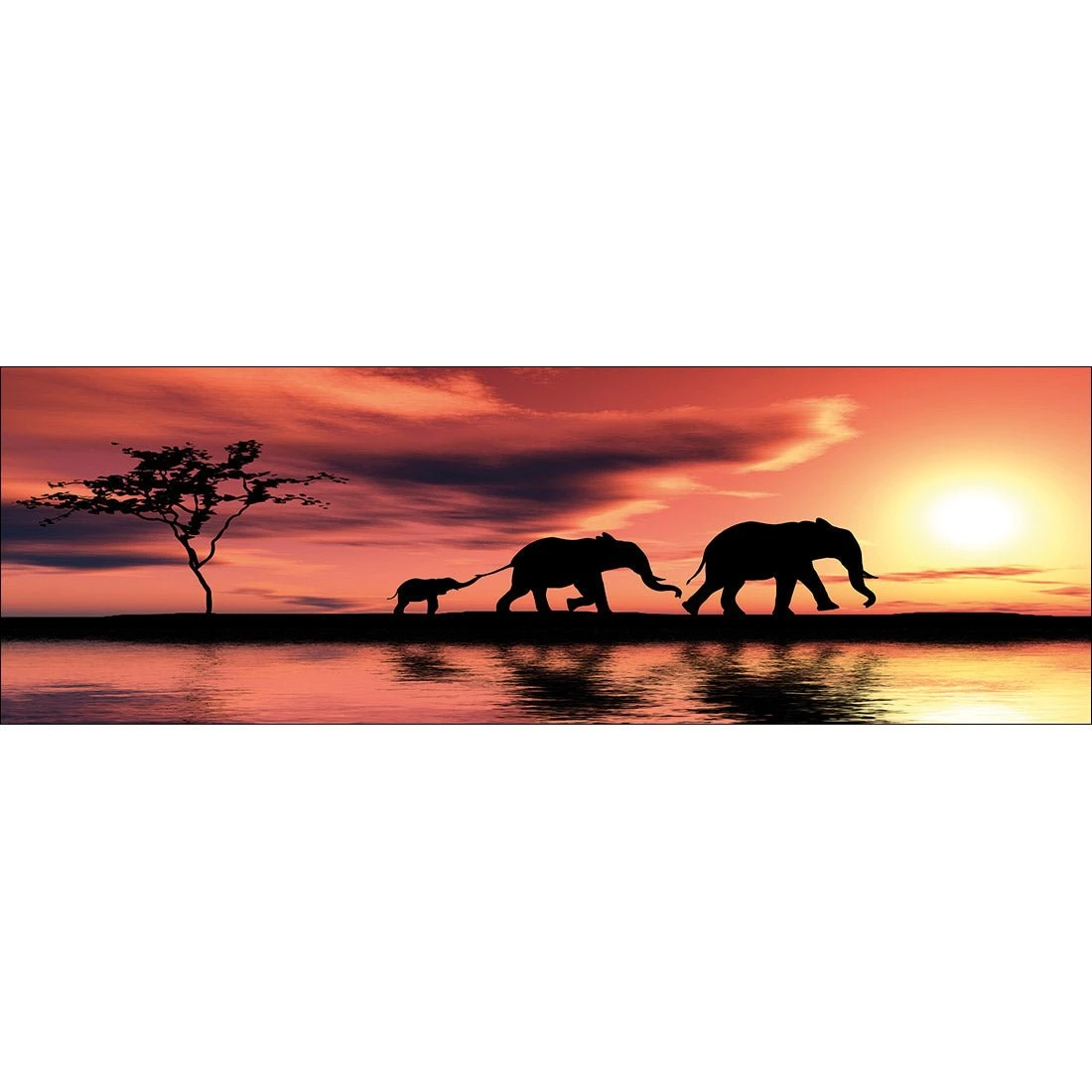 Family of Elephants at Sunset, Long Acrylic Print Art Family Of Elephants At Sunset, Long Acrylic Print Art -WALL ART DESGIN SALE family of elephants at sunset long acrylic glass art with border no frame 60x20cm 805003