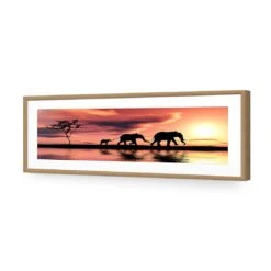 Family Of Elephants At Sunset, Long Acrylic Print Art 7 Family Of Elephants At Sunset, Long Acrylic Print Art -WALL ART DESGIN SALE family of elephants at sunset long acrylic glass art with border oak frame 60x20cm 484009