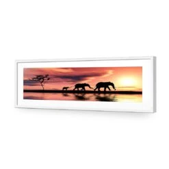 Family Of Elephants At Sunset, Long Acrylic Print Art 5 Family Of Elephants At Sunset, Long Acrylic Print Art -WALL ART DESGIN SALE family of elephants at sunset long acrylic glass art with border white frame 60x20cm 157979