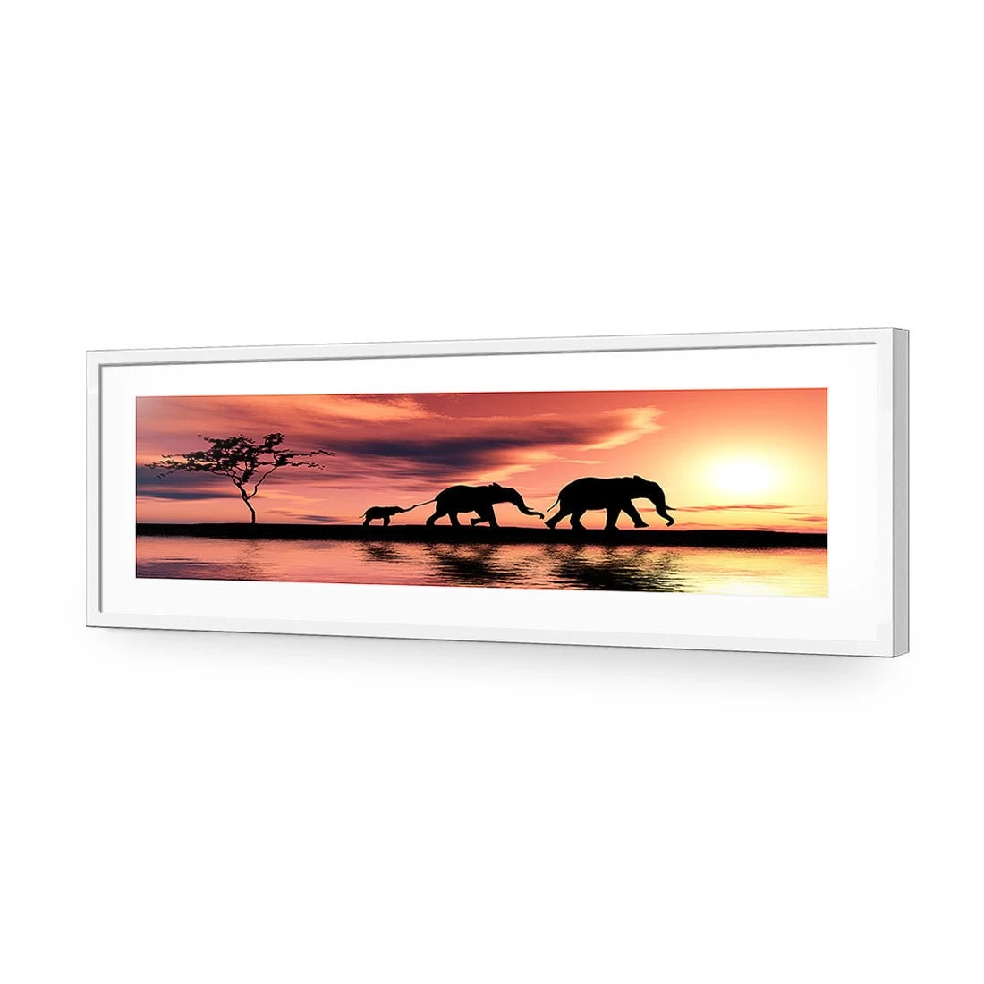 Family of Elephants at Sunset, Long Acrylic Print Art Family Of Elephants At Sunset, Long Acrylic Print Art -WALL ART DESGIN SALE family of elephants at sunset long acrylic glass art with border white frame 60x20cm 157979