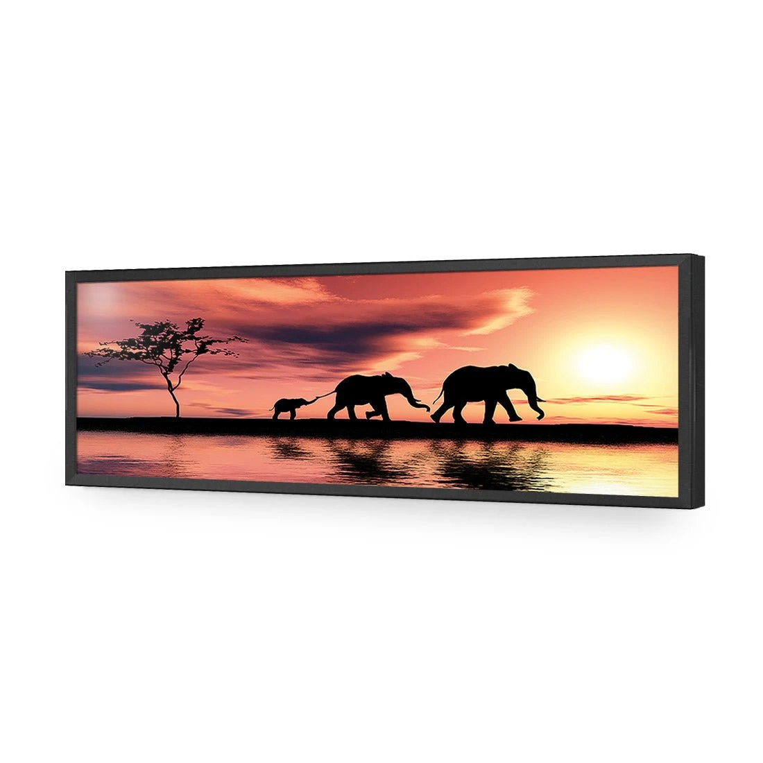 Family of Elephants at Sunset, Long Acrylic Print Art Family Of Elephants At Sunset, Long Acrylic Print Art -WALL ART DESGIN SALE family of elephants at sunset long acrylic glass art without border black frame 60x20cm 950398