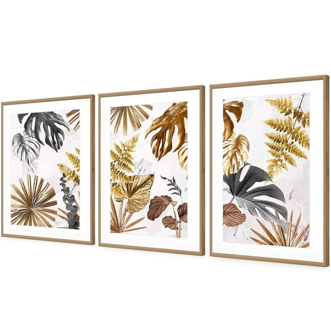 Golden Jungle Trio Art Set Golden Jungle Trio Art Set -WALL ART DESGIN SALE golden jungle trio art set acrylic glass with border oak floating frame 59x40cm 989699