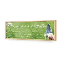 Happiness Is Like A Butterfly (long) -WALL ART DESGIN SALE happiness is like a butterfly long acrylic glass no border oak frame 90x30cm 480295