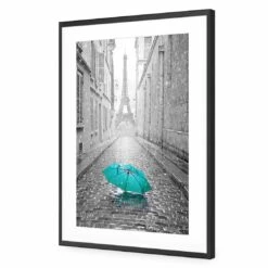Lost Umbrella In Paris, Teal Acrylic Print Art 4 Lost Umbrella In Paris, Teal Acrylic Print Art -WALL ART DESGIN SALE lost umbrella in paris teal acrylic print art with border black frame 45x30cm 221463