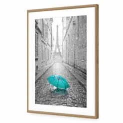 Lost Umbrella In Paris, Teal Acrylic Print Art 7 Lost Umbrella In Paris, Teal Acrylic Print Art -WALL ART DESGIN SALE lost umbrella in paris teal acrylic print art with border oak frame 45x30cm 587909