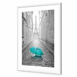 Lost Umbrella In Paris, Teal Acrylic Print Art 5 Lost Umbrella In Paris, Teal Acrylic Print Art -WALL ART DESGIN SALE lost umbrella in paris teal acrylic print art with border white frame 45x30cm 346957
