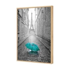 Lost Umbrella In Paris, Teal Canvas Art -WALL ART DESGIN SALE lost umbrella in paris teal canvas art 45x30cm oak frame 322480