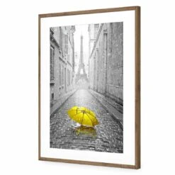 Lost Umbrella In Paris, Yellow Acrylic Print Art -WALL ART DESGIN SALE lost umbrella in paris yellow acrylic print art with border natural frame 45x30cm 761041