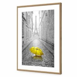 Lost Umbrella In Paris, Yellow Acrylic Print Art -WALL ART DESGIN SALE lost umbrella in paris yellow acrylic print art with border oak frame 45x30cm 934258
