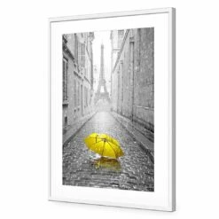 Lost Umbrella In Paris, Yellow Acrylic Print Art -WALL ART DESGIN SALE lost umbrella in paris yellow acrylic print art with border white frame 45x30cm 157432