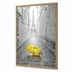Lost Umbrella In Paris, Yellow Acrylic Print Art -WALL ART DESGIN SALE lost umbrella in paris yellow acrylic print art without border oak frame 45x30cm 784826