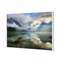 Misty Mountain Lake Canvas Art -WALL ART DESGIN SALE misty mountain lake canvas art 45x30cm white frame 262050