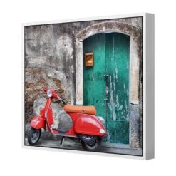 Vintage Door And Scooter (square) -WALL ART DESGIN SALE vintage door and scooter square canvas white floating frame 37x37cm 283836
